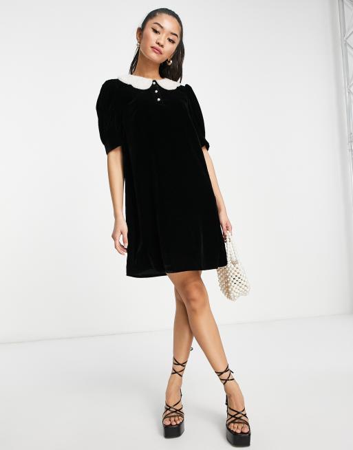 & Other Stories velvet mini dress with faux pearl collar in black | ASOS