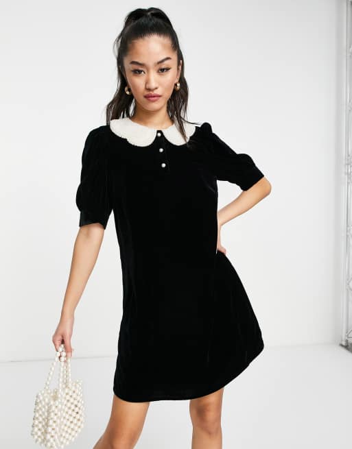 Other Stories velvet mini dress with faux pearl collar in black