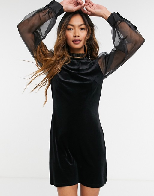 & Other Stories velvet mini dress with organza sleeves in black