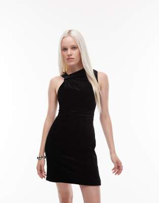 & Other Stories & Other Stories velvet mini dress with ruche asymmetric neck in black
