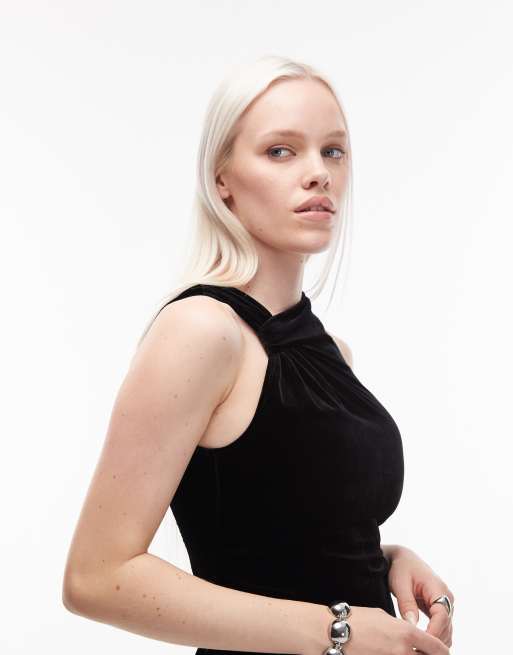 & Other Stories velvet mini dress with ruche asymmetric neck in black, 3 of 4