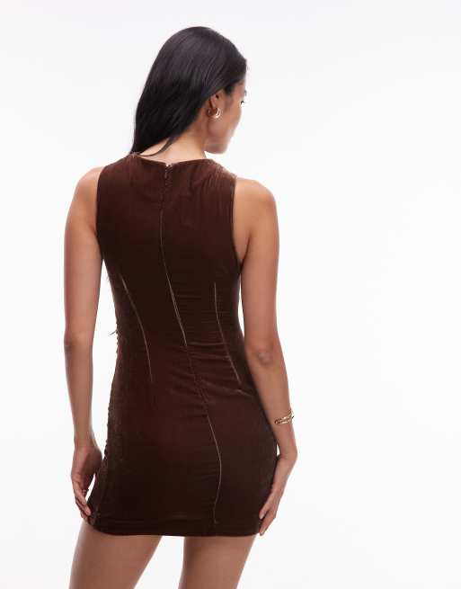 & Other Stories velvet mini dress with ruche asymmetric neck in brown