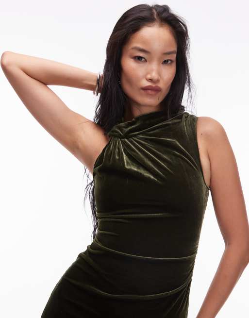 & Other Stories velvet mini dress with ruche asymmetric neck in green, 2 of 4