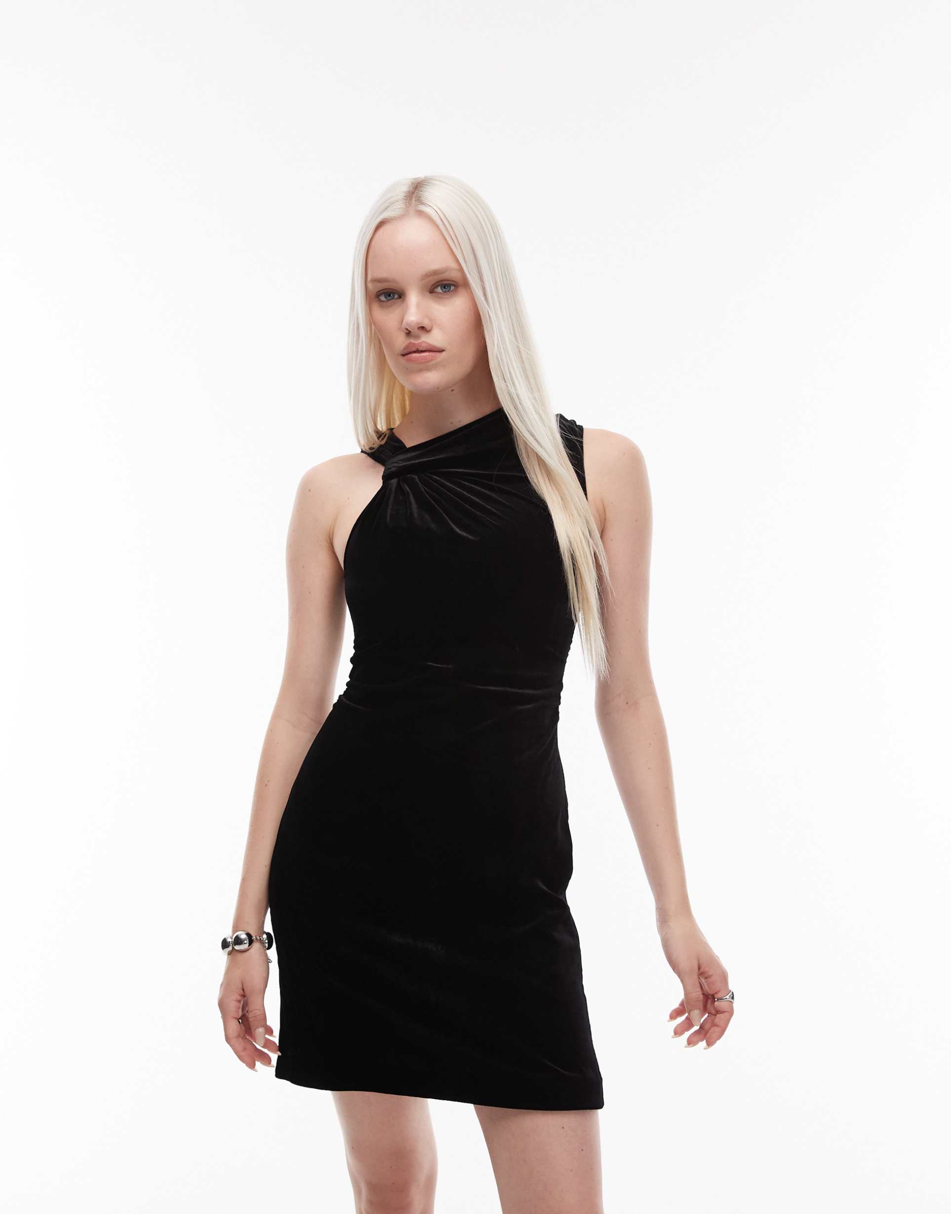 & other stories velvet mini dress with ruched asymmetric neck in black