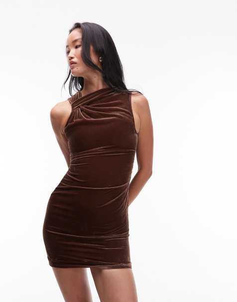 & Other Stories velvet mini dress with ruched asymmetric neck in brown - view 1