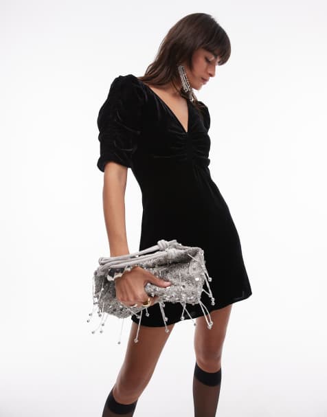 & Other Stories velvet mini dress with ruched front bodice and puff sleeves in black - view 1
