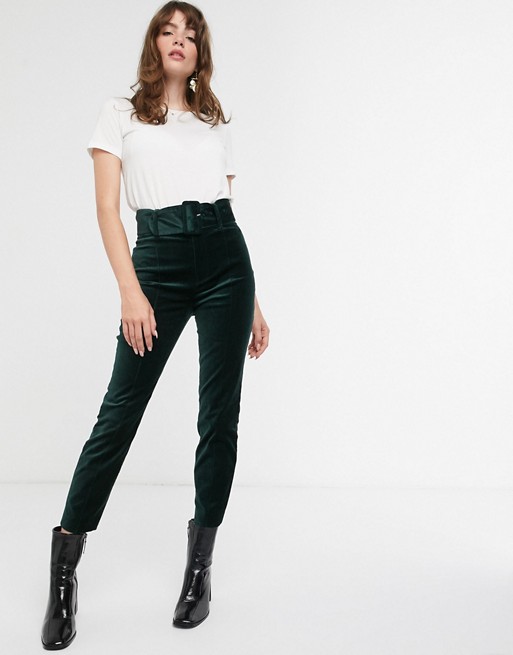 & Other Stories velvet slim trousers with matching belt in bottle green