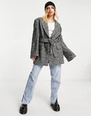 & Other Stories wool blend belted jacket in black and white - ASOS Price Checker