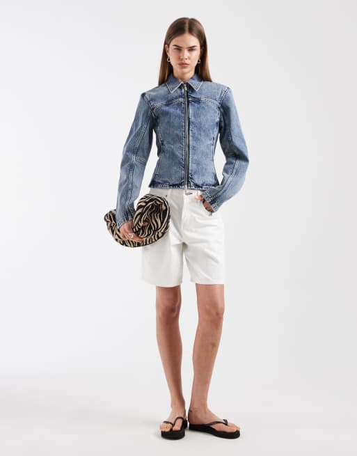 & Other Stories - Veste en jean ajustée à fermeture éclair - Bleu moyen délavé, 2 de 4