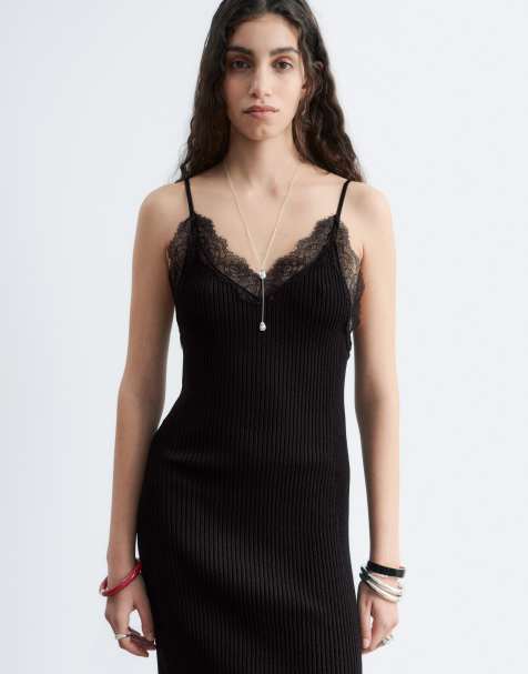 & Other Stories - Vestido midi negro de tirantes de punto con detalle en el cuello de encaje - view 1