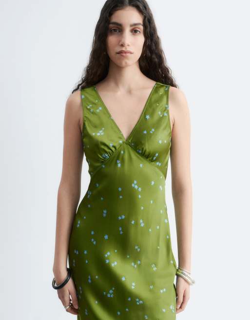 & Other Stories - Vestido midi verde de corte al bies con estampado floral de satén, 2 de 4