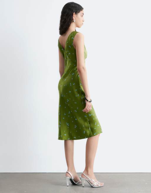 & Other Stories - Vestido midi verde de corte al bies con estampado floral de satén, 4 de 4