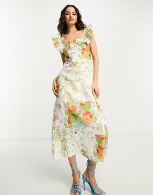 & Other Stories frill detail midaxi dress in multi floral print - ASOS Price Checker