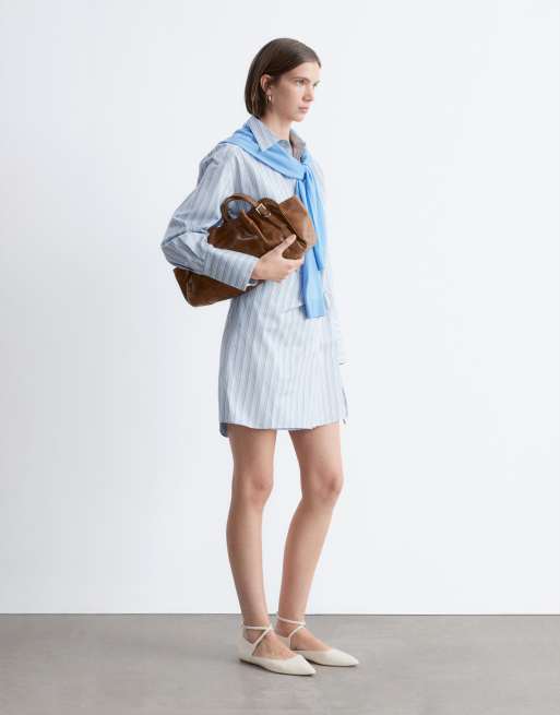 & Other Stories - Vestito camicia corto a portafoglio in puro cotone blu gessato, 2 di 4