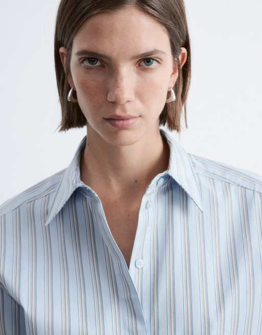 & Other Stories - Vestito camicia corto a portafoglio in puro cotone blu gessato, 3 di 4