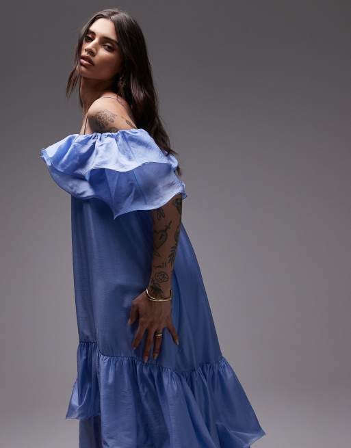 & Other Stories - Vestito con gonna al polpaccio blu con spalle scoperte e volant doppio, 4 di 4