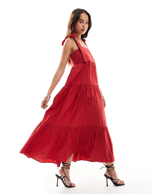 & Other Stories - Vestito con gonna al polpaccio rosso con fondo a balze e spalline allacciate 