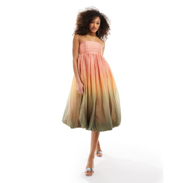 Other Stories Vestito con gonna al polpaccio senza spalline con fondo a palloncino color pesca tenue con stampa salvia ombreggiata ASOS