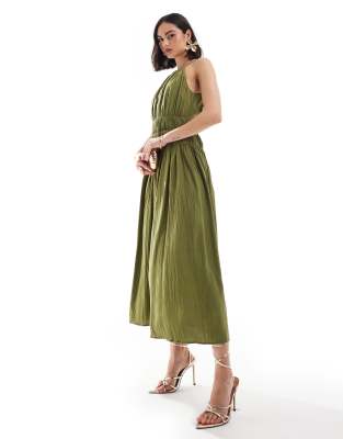 & Other Stories - Vestito con gonna al polpaccio verde kaki plissé con dettaglio arricciato