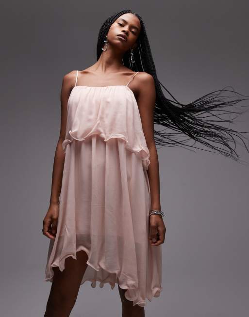 & Other Stories - Vestito corto con spalline sottili e fondo asimmetrico in chiffon vaporoso rosa