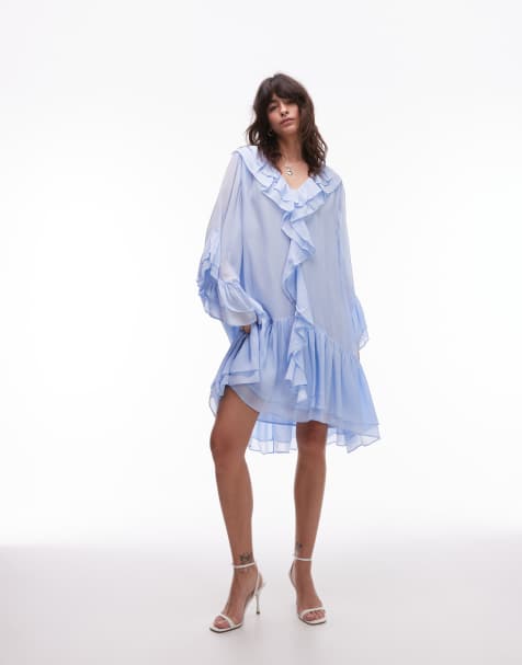 & Other Stories - Vestito corto in chiffon trasparente blu tenue con orlo a balze e volant - view 1