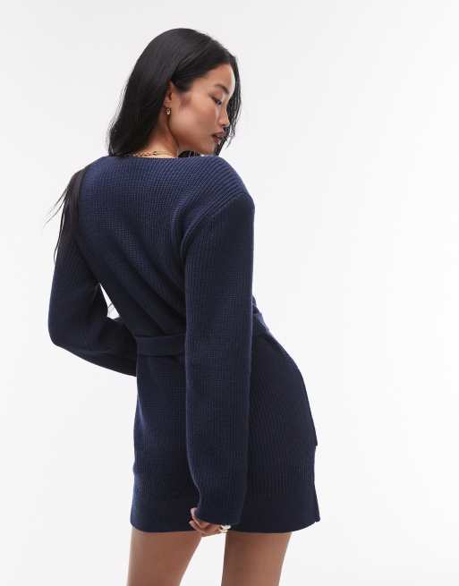 & Other Stories - Vestito corto misto lana e cotone blu a coste con allacciatura in vita, 3 di 4
