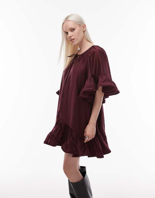 & Other Stories - Vestito corto semitrasparente bordeaux con volant sui bordi delle maniche e laccio sul collo