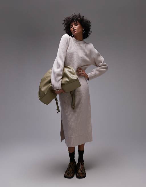 & Other Stories - Vestito in lana color beige chiaro con maniche a sbuffo e gonna al polpaccio
