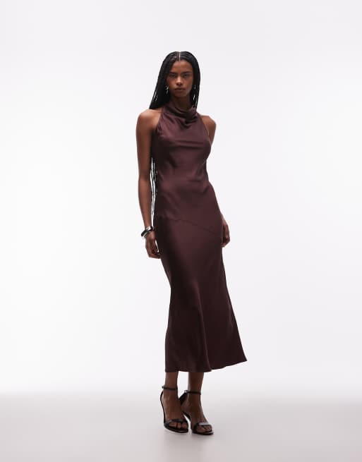 & Other Stories - Vestito lungo allacciato al collo in raso marrone cioccolato , 3 di 4