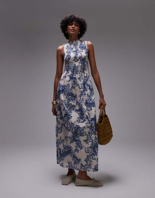 & Other Stories - Vestito lungo blu a fiori con corpino arricciato e scollo a barchetta