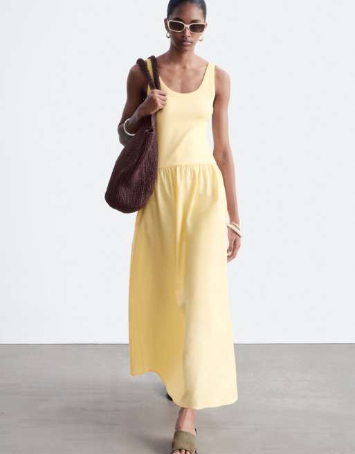 & Other Stories - Vestito lungo in jersey giallo con corpino aderente e gonna in popeline di cotone, 4 di 4