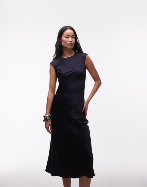 & Other Stories - Vestito lungo in raso blu navy con taglio sbieco e maniche ad aletta , 2 di 4