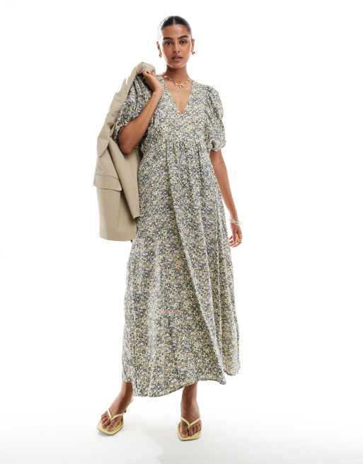 & Other Stories - Vestito lungo jacquard con stampa di fiori con maniche voluminose