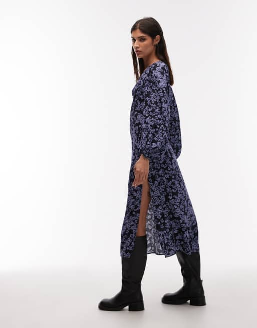 & Other Stories - Vestito midi a fiori astratti con spacchi laterali e maniche voluminose, 3 di 4