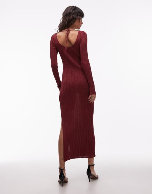 & Other Stories - Vestito midi a maniche lunghe rosso con scollo a barchetta, 2 di 4