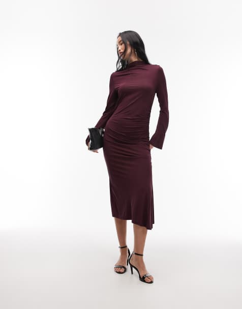 & Other Stories - Vestito midi accollato a maniche lunghe morbido color viola vinaccia scuro con arricciature - view 1