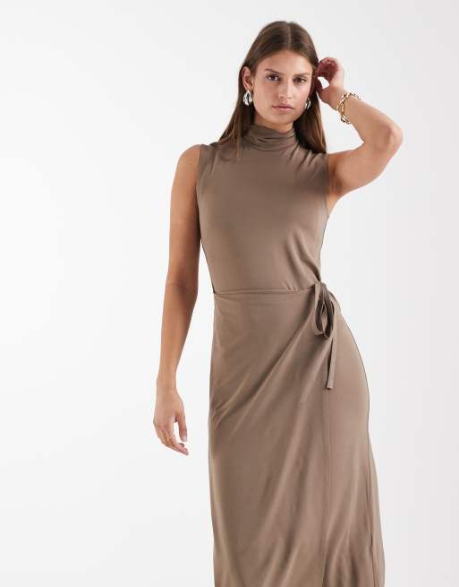 & Other Stories - Vestito midi accollato allacciato in vita marrone, 2 di 4