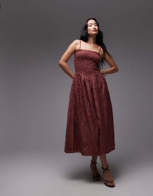 & Other Stories - Vestito midi color rosa melagrana con spalline rimovibili, vita a V scesa e stampa a fiori 3D
