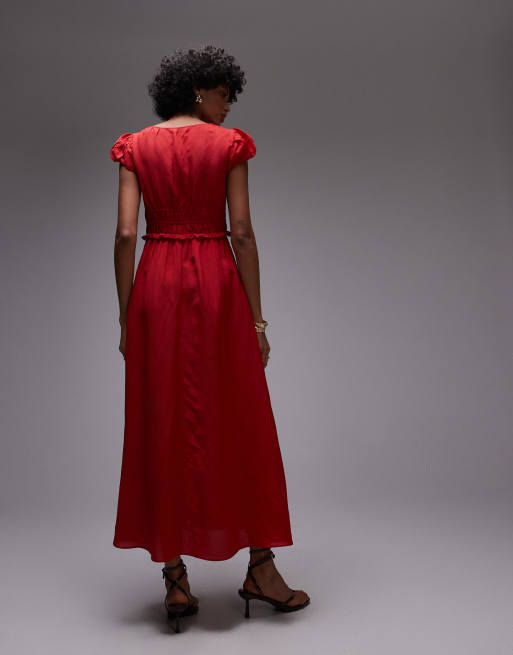 & Other Stories - Vestito midi con fondo a balze e volant sulle maniche rosso, 3 di 4