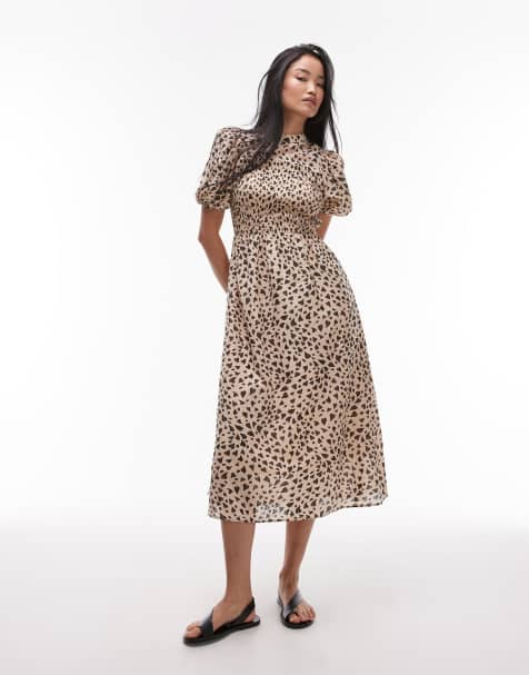 & Other Stories - Vestito midi con maniche a sbuffo con corpino arricciato nero e beige con stampa a cuori - view 1