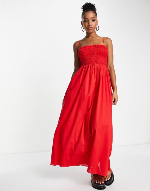 & Other Stories - Vestito midi con spalline sottili e dettaglio a punto smock rosso, 3 di 4