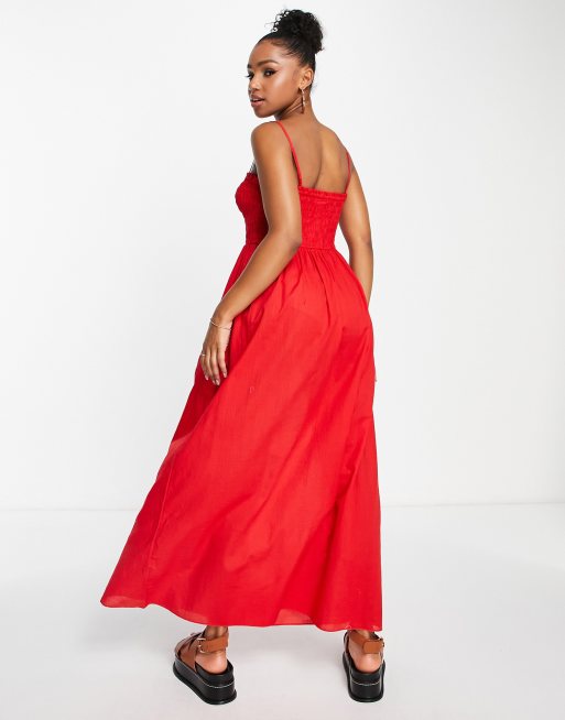 & Other Stories - Vestito midi con spalline sottili e dettaglio a punto smock rosso, 4 di 4