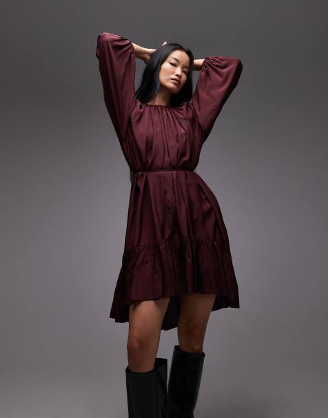 & Other Stories - Vestito midi fluttuante a maniche lunghe bordeaux con volant - view 1