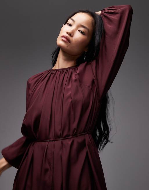 & Other Stories - Vestito midi fluttuante a maniche lunghe bordeaux con volant, 3 di 4
