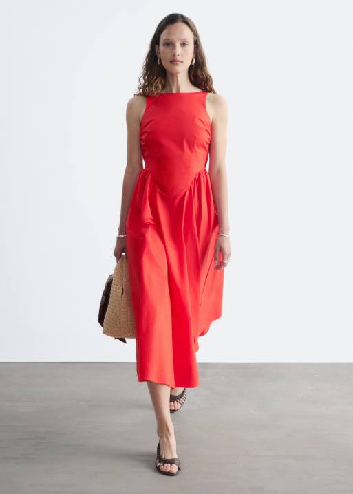 & Other Stories - Vestito midi in misto cotone rosso con fondo voluminoso, 4 di 4