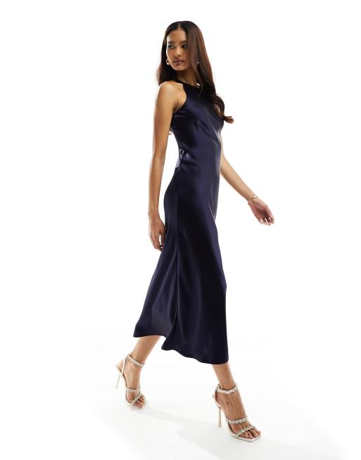 & Other Stories - Vestito midi in raso blu navy con taglio sbieco