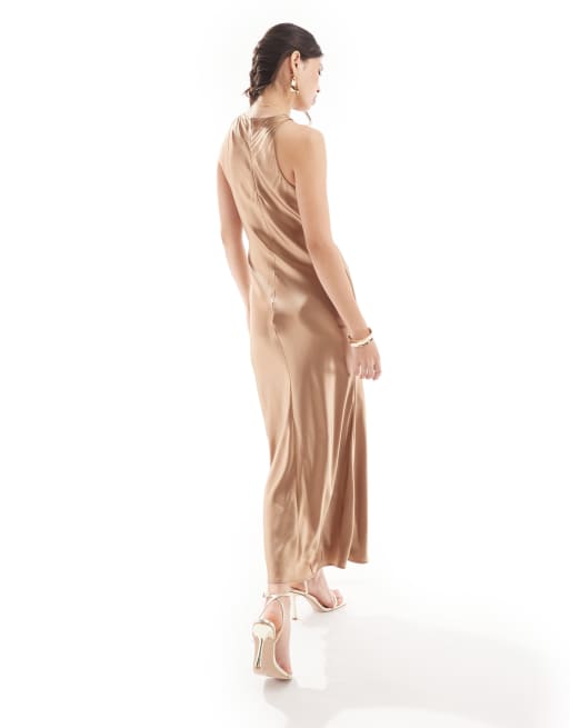 & Other Stories - Vestito midi in raso con taglio sbieco marrone tenue, 4 di 4