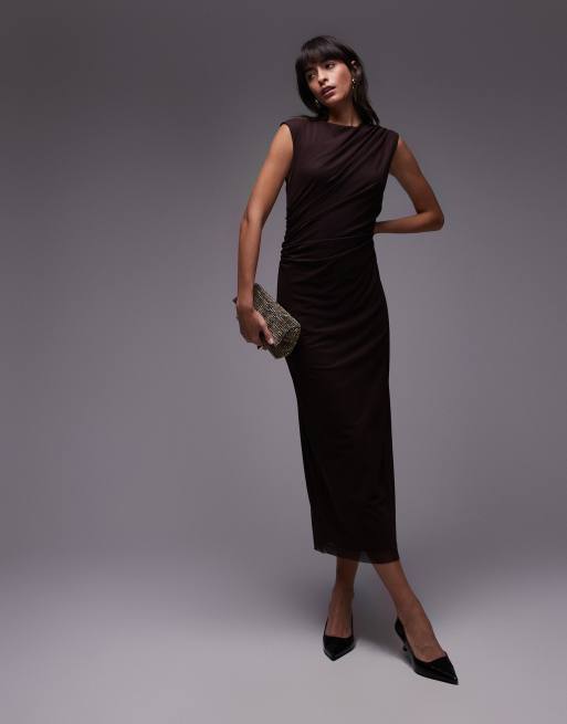 & Other Stories - Vestito midi in rete marrone con dettaglio drappeggiato