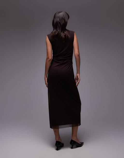& Other Stories - Vestito midi in rete marrone con dettaglio drappeggiato, 4 di 4