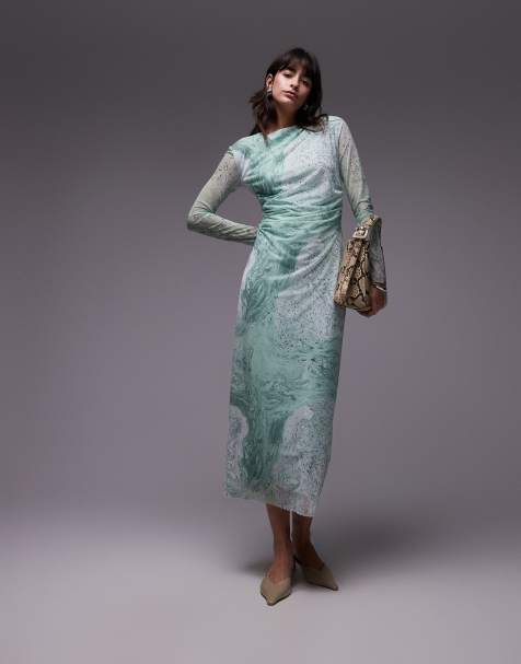& Other Stories - Vestito midi in tessuto a rete verde trasparente con stampa effetto marmo - view 1